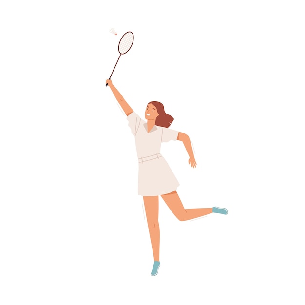 Happy active woman playing badminton vector flat illustration. Smiling female in sportswear holding racket hitting shuttlecock isolated on white. Sportswoman performing physical activity, training.