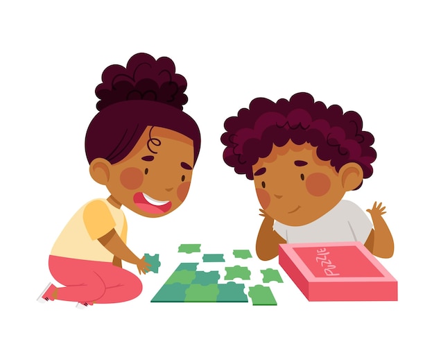 Happy African American Boy and Girl Playing Jigsaw Puzzle on the Floor Vector Illustration