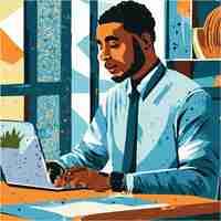 Vector happy african american businessman working with laptop and document at modern office