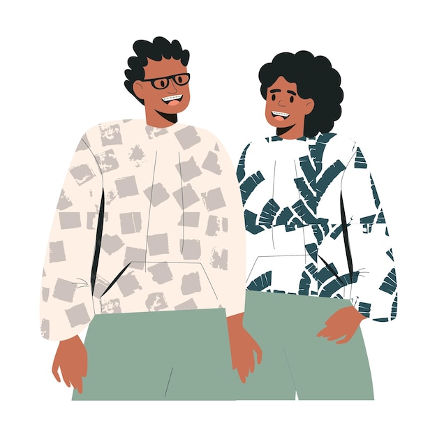 Vector happy african american couple of friends. black young people in casual clothes. trendy character. smiling adult team man and woman flat vector illustration isolated on white