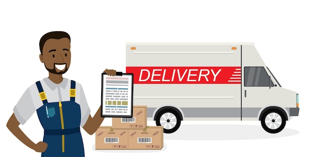 Happy african american deliveryman delivery truck and carton boxes vector illustration