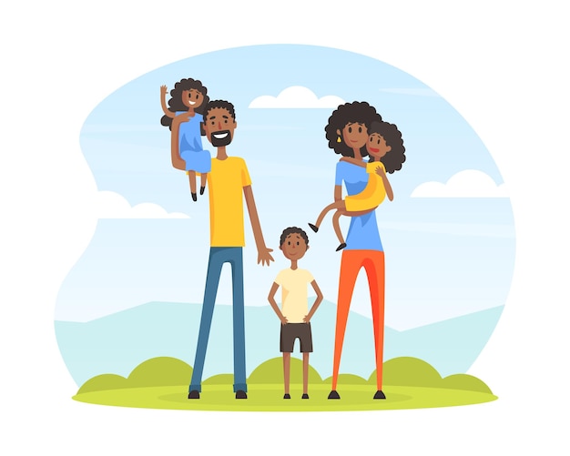 Vector happy african american family father mother son and daughters parents and kids standing together on nature landscape cartoon vector illustration