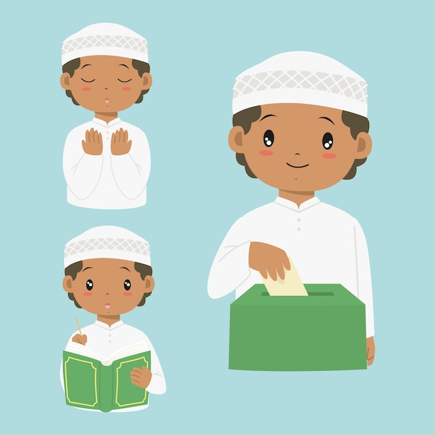 コーランを読んで、祈り、サダカまたは慈善を与える幸せなアフリカ系アメリカ人のイスラム教徒の少年