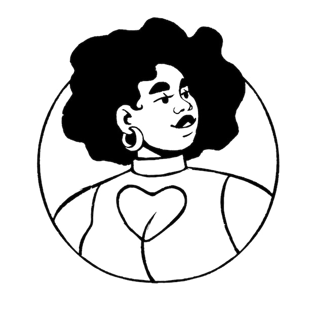 Happy african american woman avatar in circle smiling girl with heart neckline afro hairstyle head portrait in round sexy chubby female character face outline isolated vector illustration on white