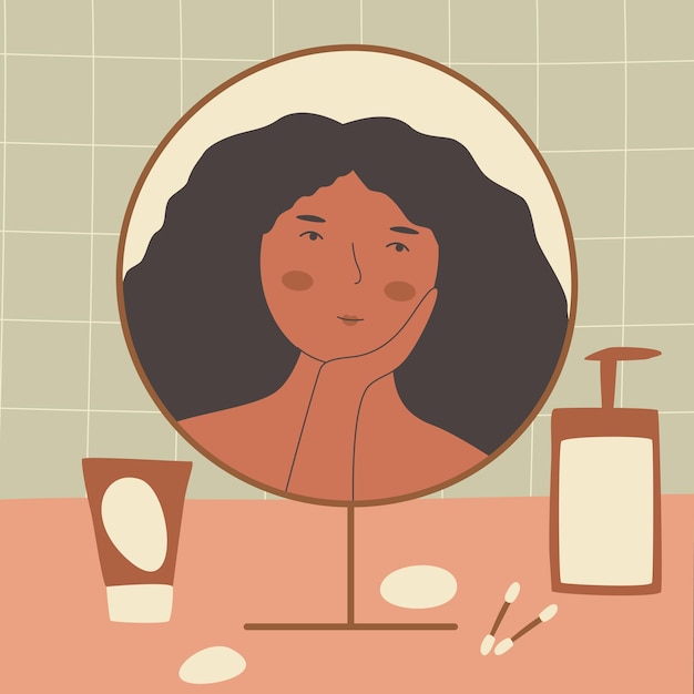 Vector happy african american woman looks in the mirror and touching face. woman in the bathroom. selflove