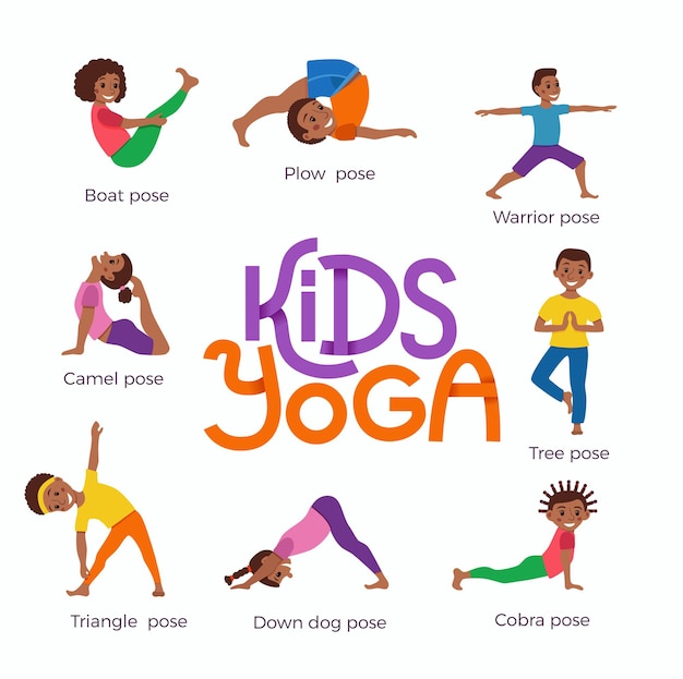 Vector happy african kids in different yoga poses