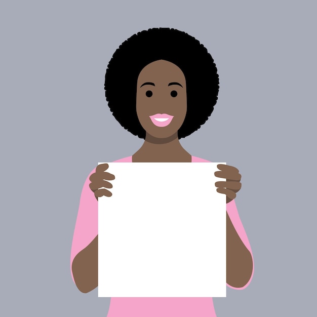 Happy african woman holding showing displaying white blank board banner poster