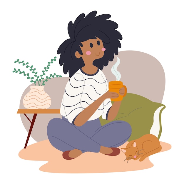 Felice donna afro americana con una tazza di caffè cute cat vector