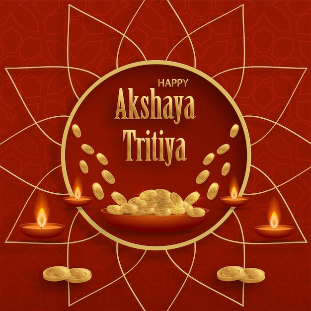 Happy akshaya tritiya festival celebration the gold india festival with gold coins and oriental elements on paper color background