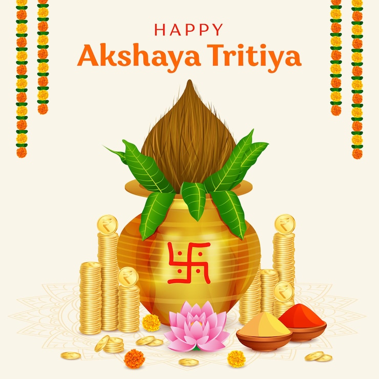 वेक्टर happy akshaya tritiya festival gold coin in kalash background