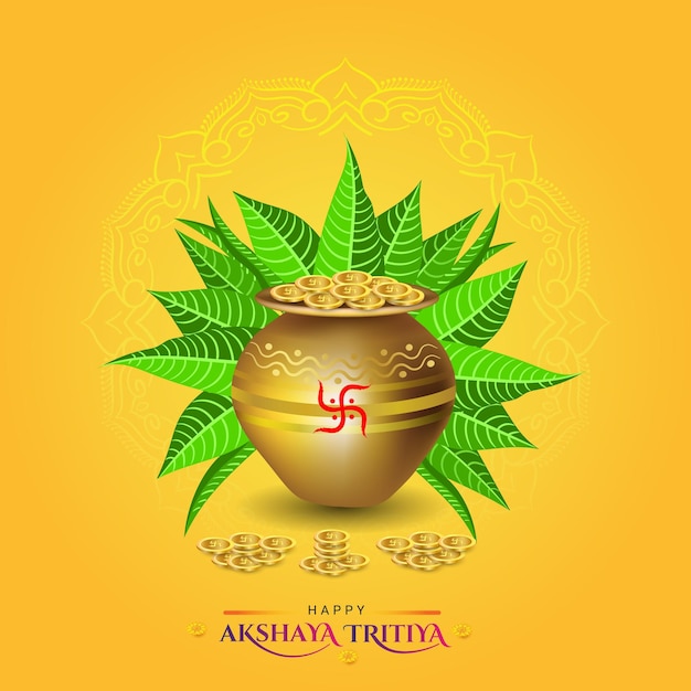 Happy akshaya tritiya greeting with golden pot and coin