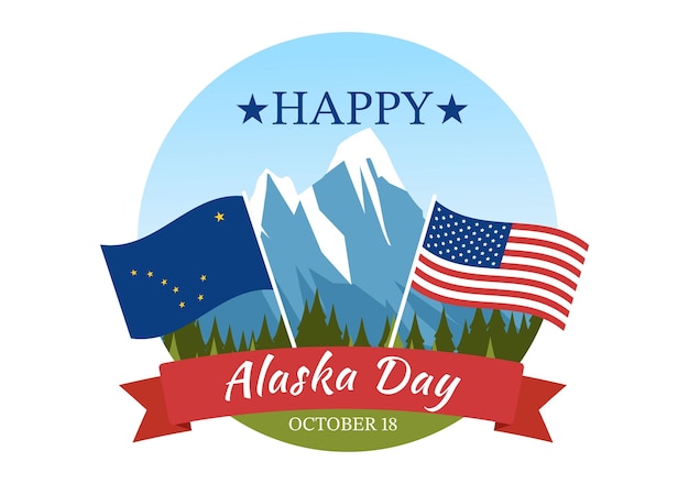 Happy alaska day on october 18 hand drawn cartoon illustration with flag waving in winter landscape