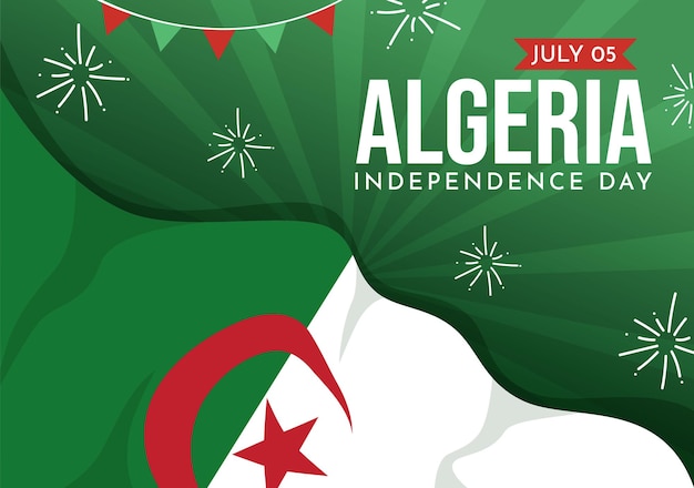 Felice giorno dell'indipendenza dell'algeria illustrazione vettoriale con bandiera sventolante nei modelli di sfondo verde