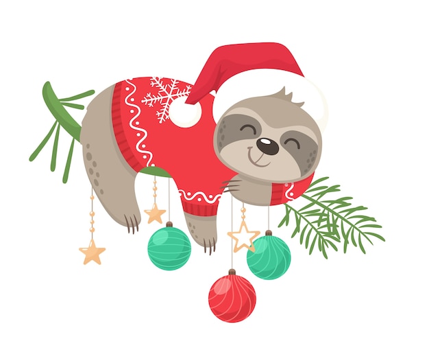 크리스마스 휴가 메리 크리스마스 스탬프에 대한 행복하고 귀여운 나무 늘보 그래픽