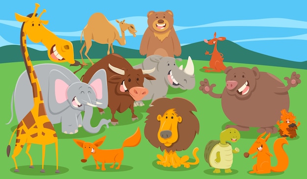 Happy animal characters group in the wild