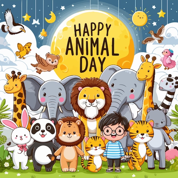 Vector happy animal day vector with wild animal flat drawn celebration concept