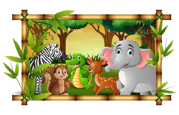 Happy animals in bamboo frame forest