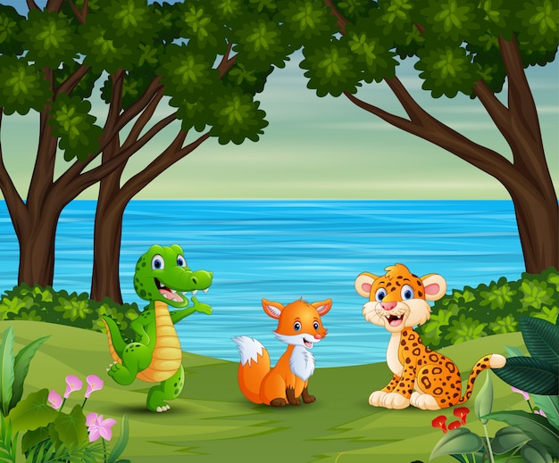 Happy animals cartoon are enjoying in the beautiful nature