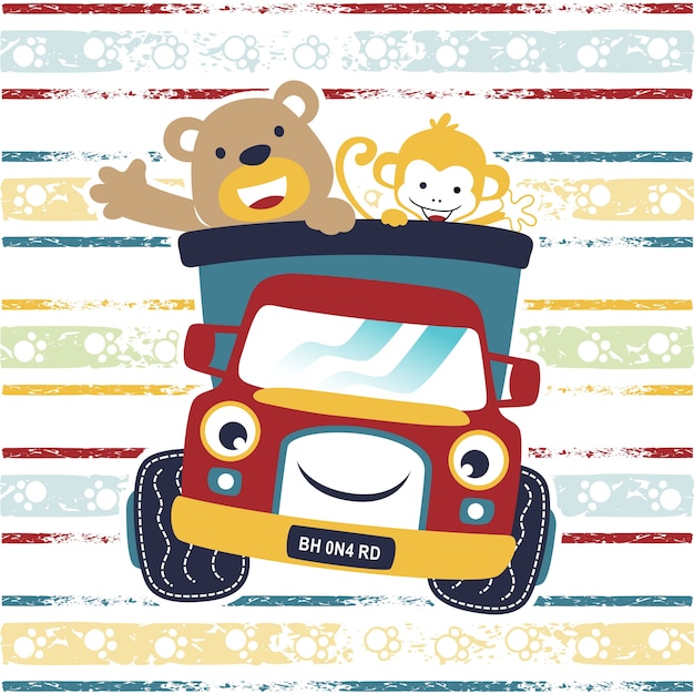 Happy animals cartoon with funny truck on colorful striped background 