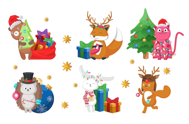 Happy animals, cute cartoon characters with Christmas decorations for greeting card, sticker, print, vector illustration