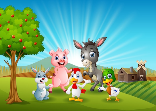 Happy animals on farm background