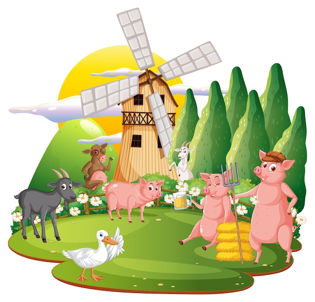 Vector happy animals in farm cartoon