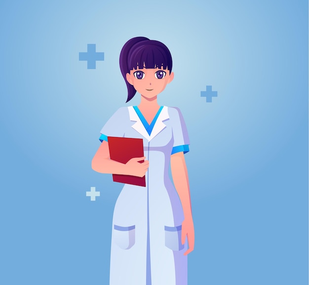 Happy Anime Cute Female Medical Doctor Holding A Folder