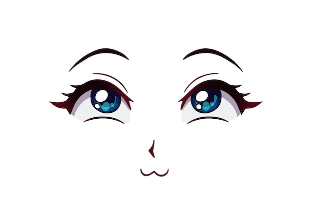 Happy anime face. manga style big blue eyes, little nose and kawaii mouth. hand drawn  illustration.