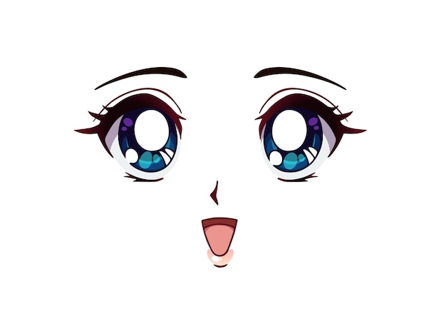 Faccia anime felice. grandi occhi blu in stile manga, naso piccolo e bocca kawaii. illustrazione disegnata a mano.