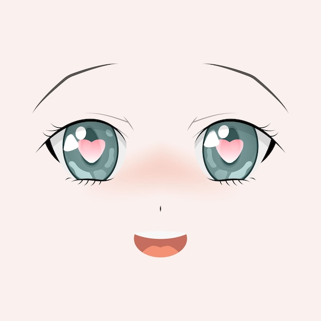 Happy anime face manga style big green eyes little nose and kawaii mouth hand drawn vector illustration isolated on white