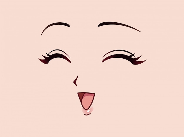 Happy anime face. Manga style closed eyes, little nose and kawaii mouth. Hand drawn vector illustration.