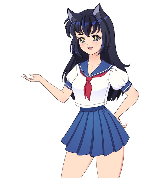 Happy anime manga girl with black hair