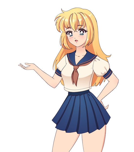 Happy anime manga girl with blonde hair wearing school uniform isolated on white background Empty space for banner text