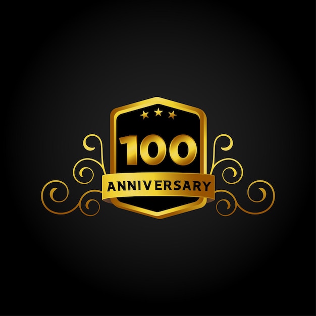 Happy Anniversary, 100th years Anniversary celebration logotype. Logo, Luxury golden number on black