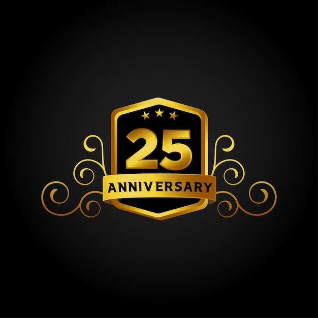Happy anniversary, 25th years anniversary celebration logotype. logo, luxury golden number on black.