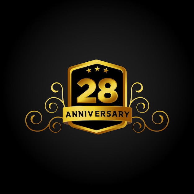 Happy Anniversary, 28th years Anniversary celebration logotype. Logo, Luxury golden number on black.