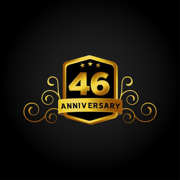 Buon anniversario, logotipo di celebrazione del 46° anniversario. logo, numero d'oro di lusso su fondo nero.