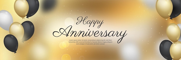 Vector happy anniversary banner with balloons star particles gold ribbon