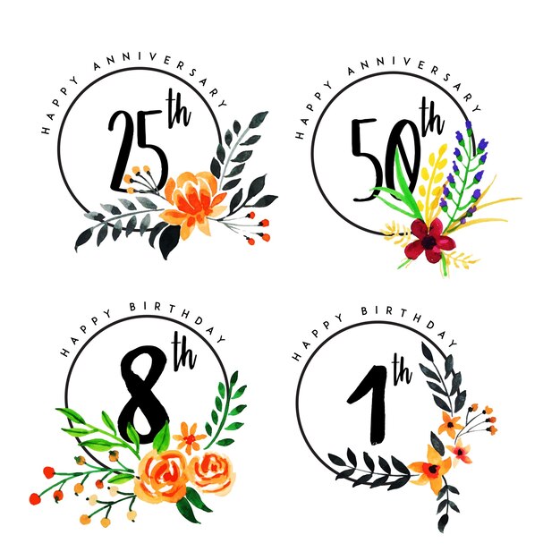 幸せな記念日と水彩の花の誕生日の切手