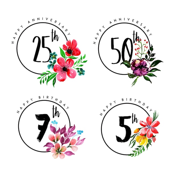 Vector happy anniversary and birthday stamp with watercolor floral