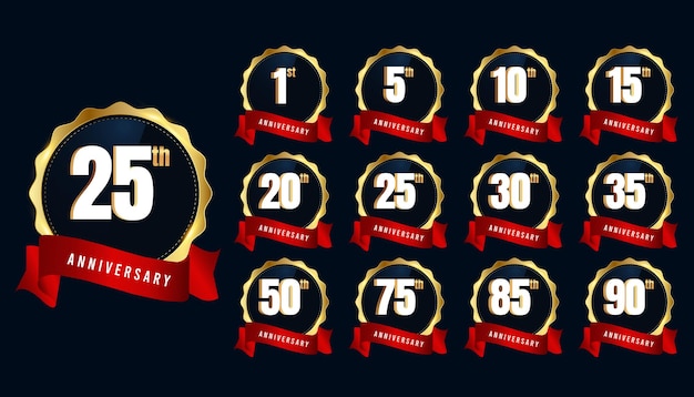 happy anniversary celebration with golden numbers and red ribbon and golden ribbon