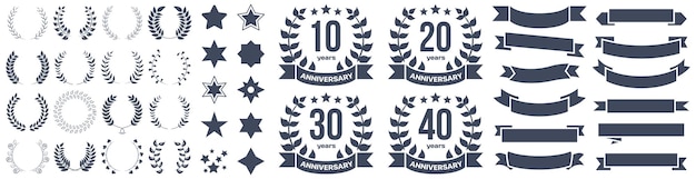 Happy anniversary embleem badges collectie met laurierkrans lint ster iconen Happy anniversary badge collectie