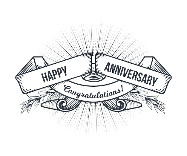 Happy anniversary lettering and ribbon grunge banner on white background Handmade greeting card