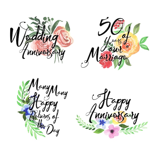 Vettore happy anniversary logo collection con acquerello floreale