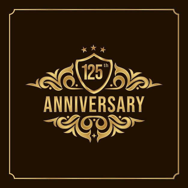 Happy anniversary wishes 125th celebration. greeting vector luxury illustration with gold lettering.