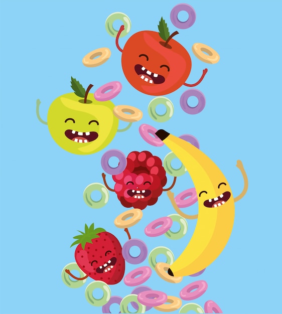 Vector happy apples with strawberry and blackberry with cereal