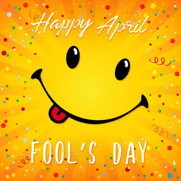 Vector happy april fool's day congrats. smiling yellow web face, greeting card or internet poster, april 1.