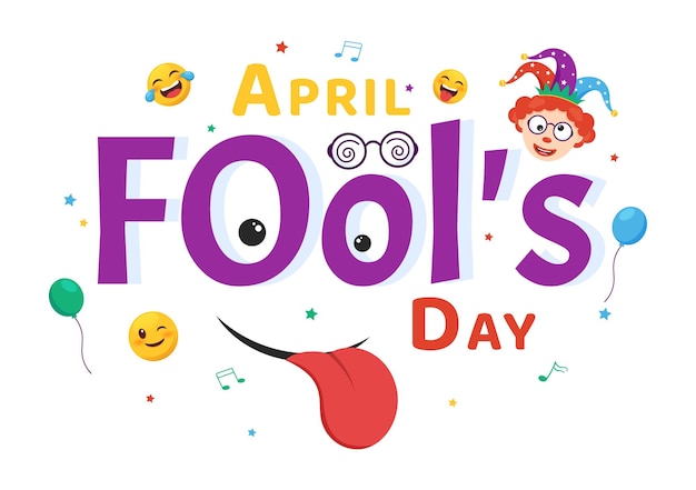 Vector happy april fools day celebration illustration wearing a jester hat and surprise in hand drawn