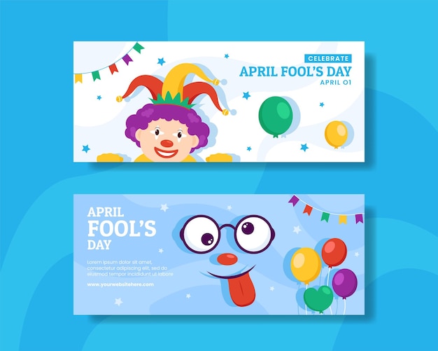 Happy april fools day banner orizzontale piatto fumetto disegnato a mano modelli sfondo illustrazione