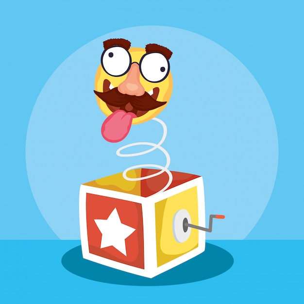 Vector happy april fools day illustration with surprise box and crazy emoji